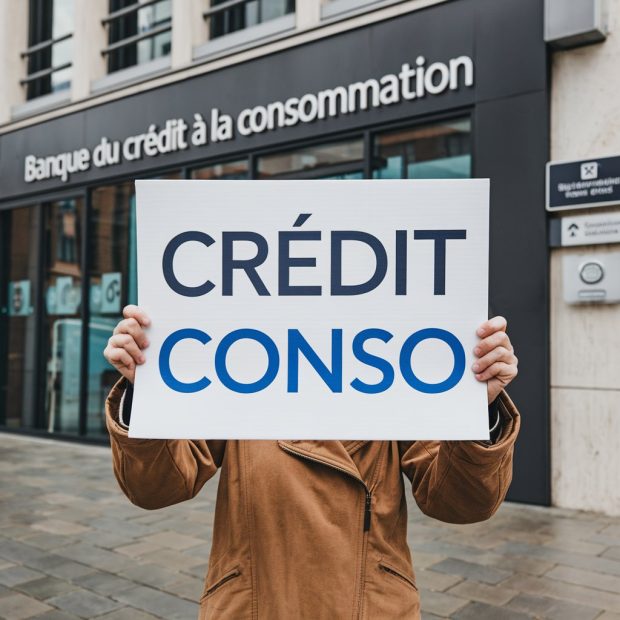 Photo d'une personne qui tient une pancarte avec écrit crédit conso